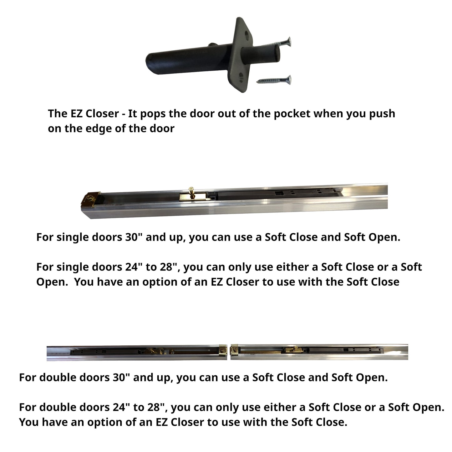 Choose Either  4- Wheel Soft Close or  4- Wheel  Soft Open-  for our HBP Pocket Door Hardware and Frame Kits